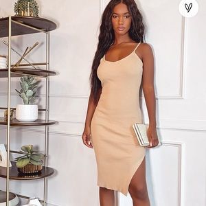 Lulu’s Tan Ribbed Bodycon Midi Dress